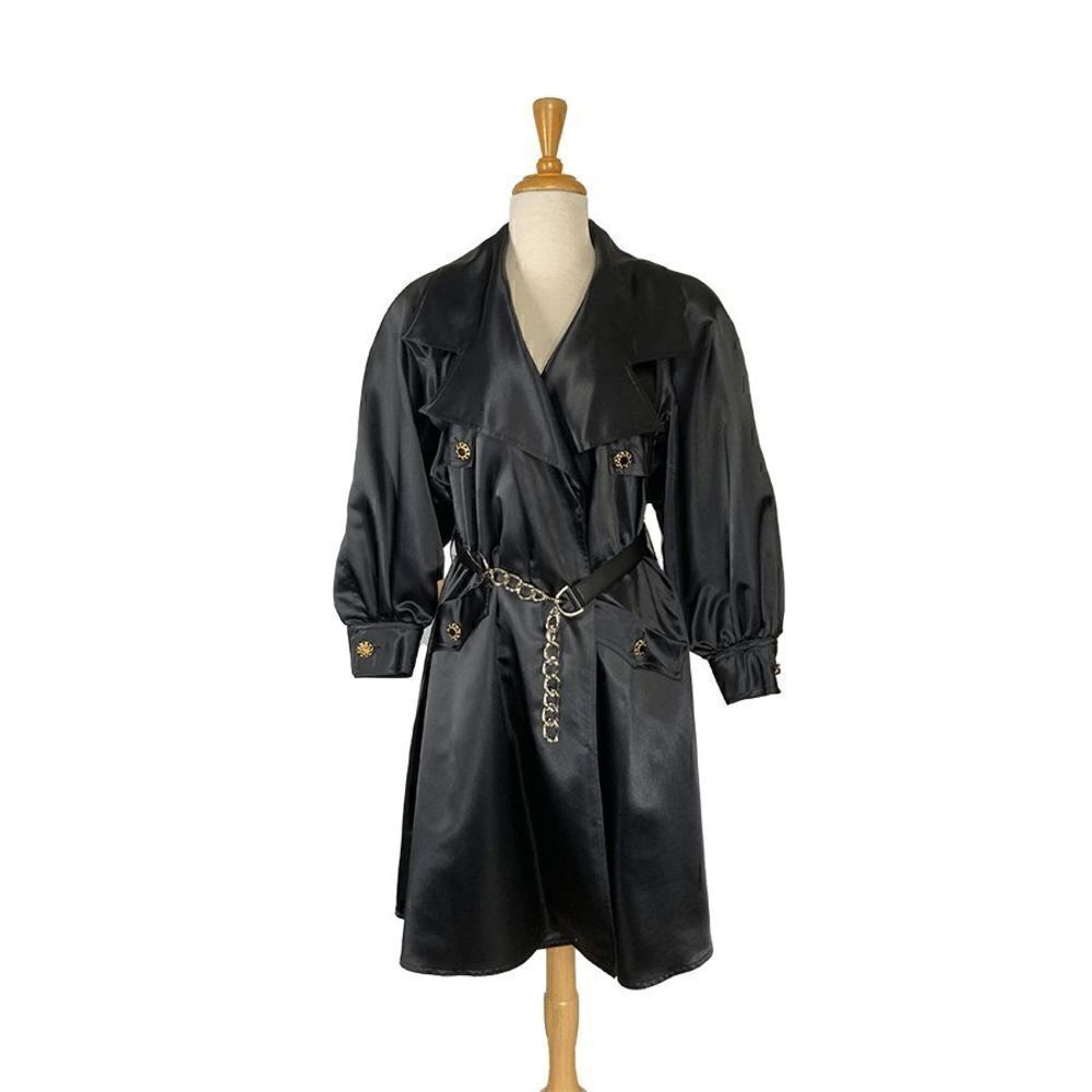 A.J. Bari S Black Satin Trench Coat 1 FLAW Deadstock 80s Puffed Sleeves Evening - Picture 9 of 12